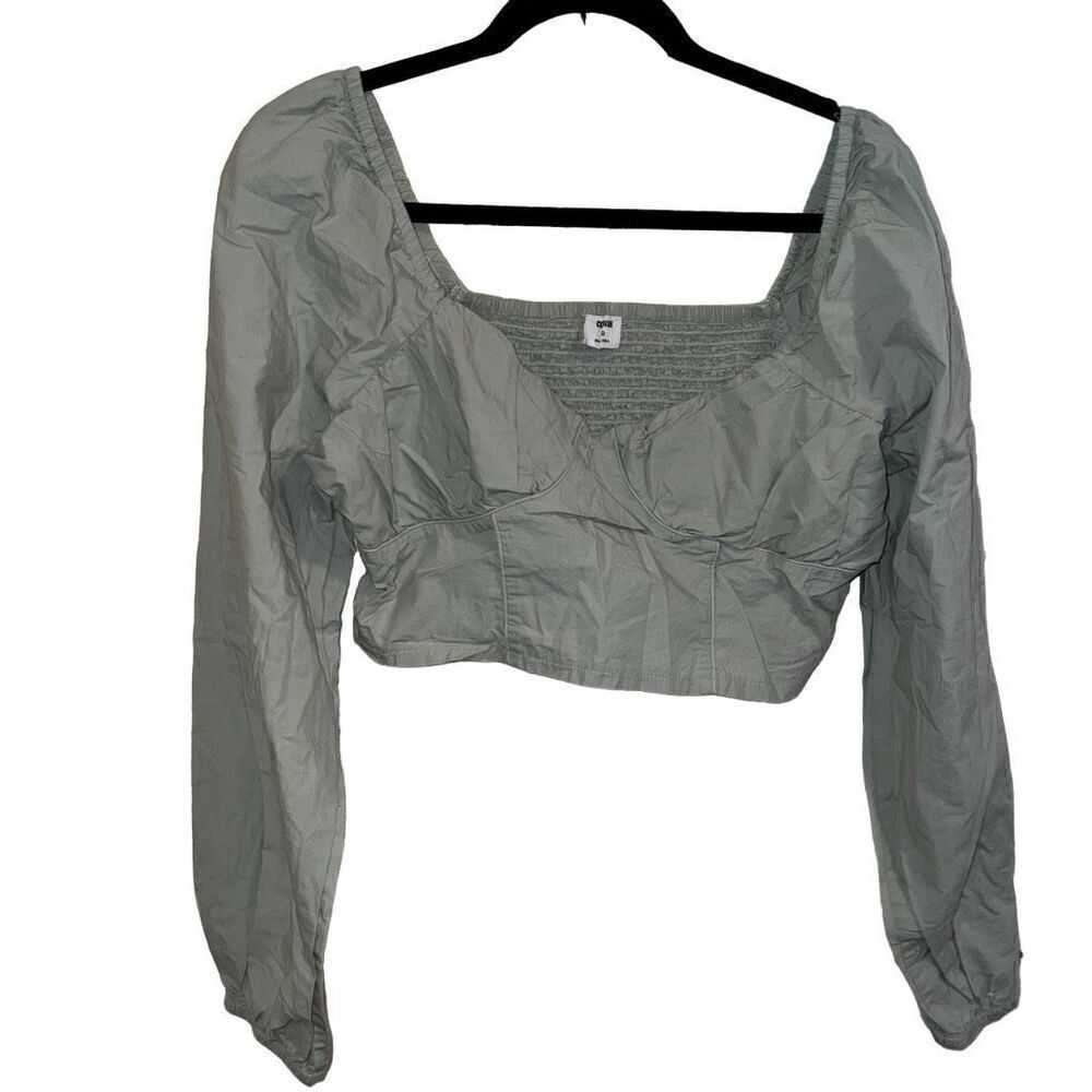 Cotton on light moss green linen cotton peasant top crop top smocked corset styl